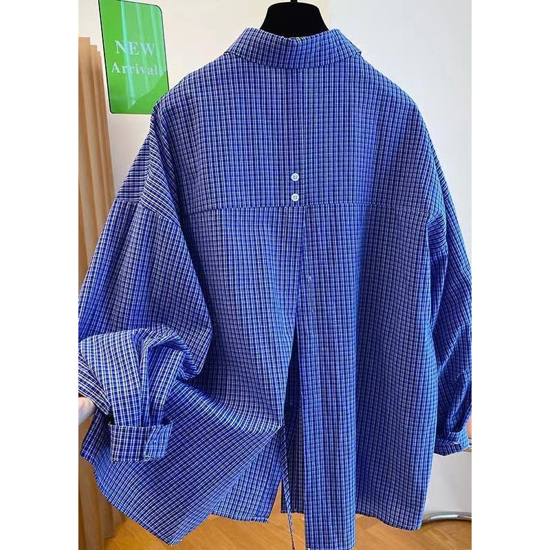 Women Blue Peter Pan Collar Plaid Cotton Shirts Top Spring