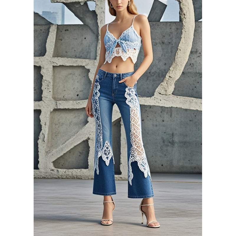 Women Denim Blue Lace Patchwork Slim Fit Flared Trousers Spring