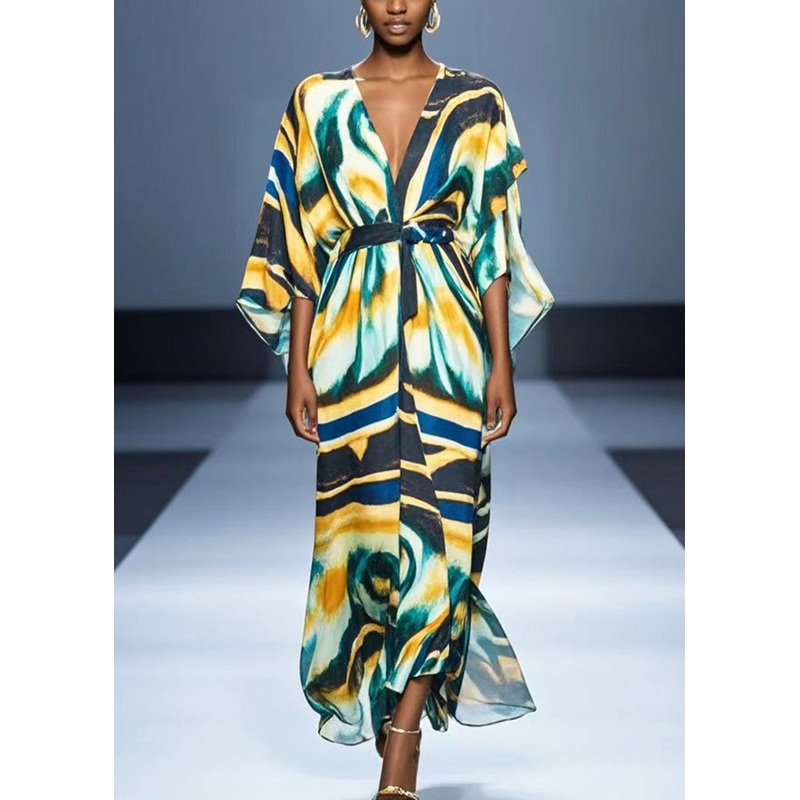 Women V Neck Graffiti Print Chiffon Dress Batwing Sleeve