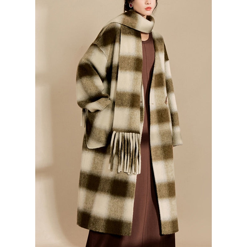 Women V Neck Pockets Plaid Woolen Maxi Coats Spring