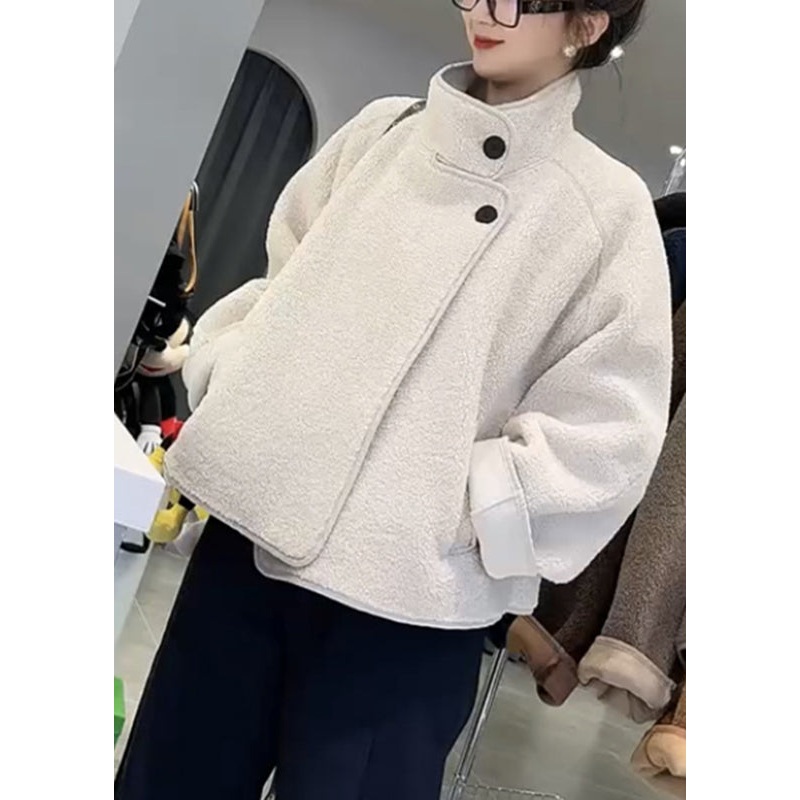 Women White Stand Collar Patchwork Pockets Faux Fur Coats Spring