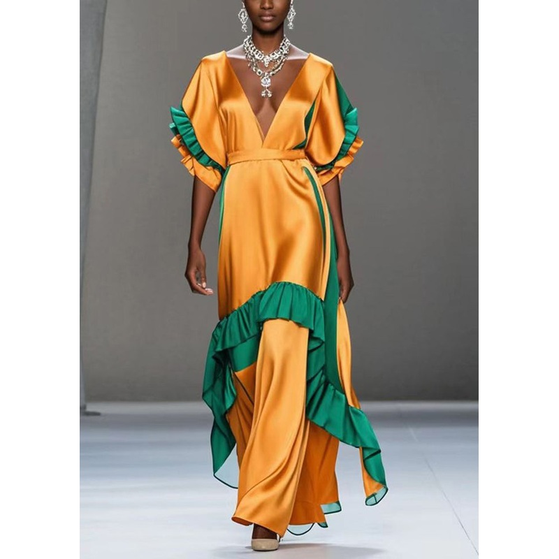 Women Yellow V Neck Patchwork Ruffles Silk Party Dress Summer