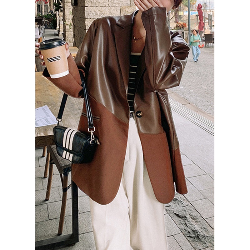 2025 New Coffee Notched Patchwork Faux Leather Suit Coat Spring