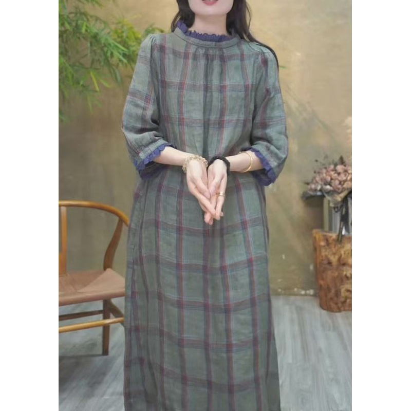 Art Plaid Ruffled Pockets Cotton Long Dress Bracelet Sleeve
