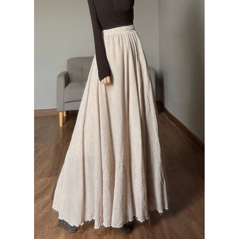 Beautiful Apricot Elastic Waist Exra Large Hem Linen Skirts Spring