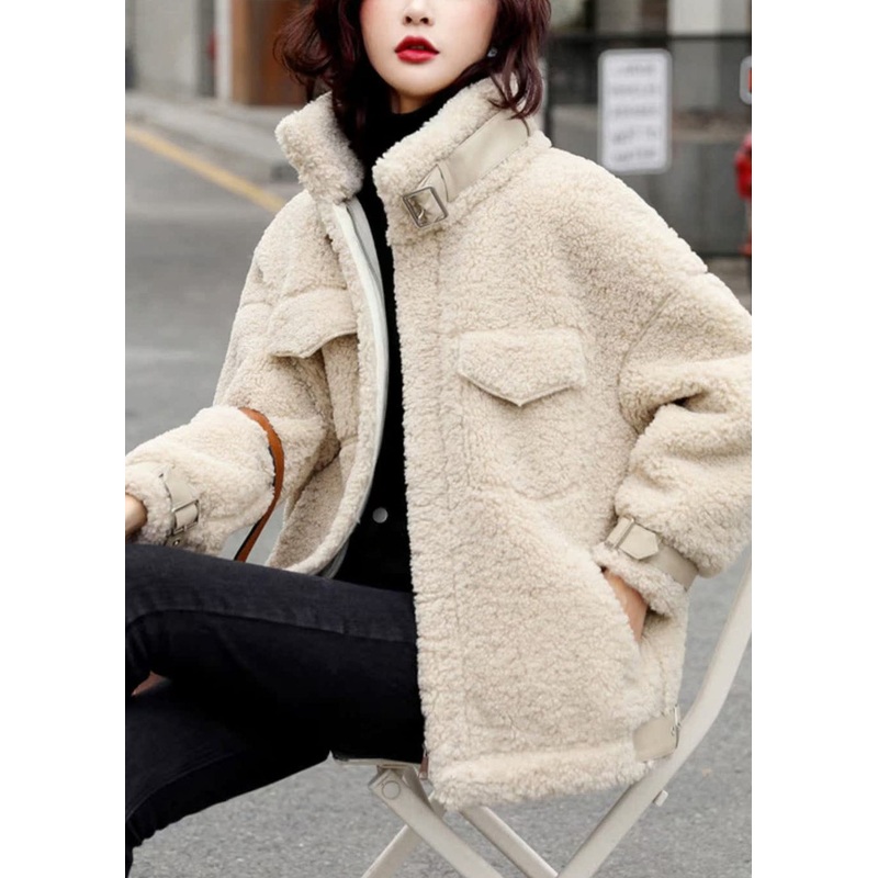 Beige Pockets Patchwork Teddy Faux Fur Coats Stand Collar Winter