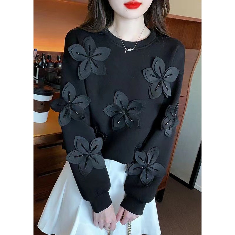 Black Zircon Patchwork Cotton Spring Sweatshirt O Neck