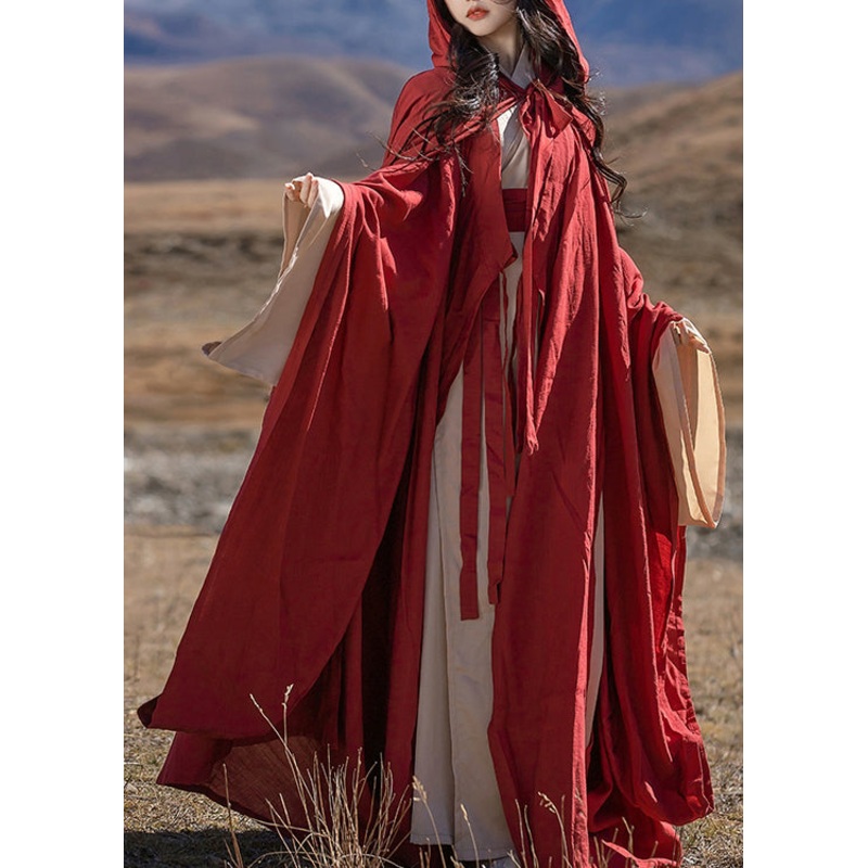 Original Loose Red Hooded Lace Up Cotton Cape Spring