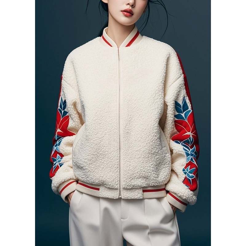 Simple White Stand Collar Zippered Print Teddy Faux Fur Coat Winter