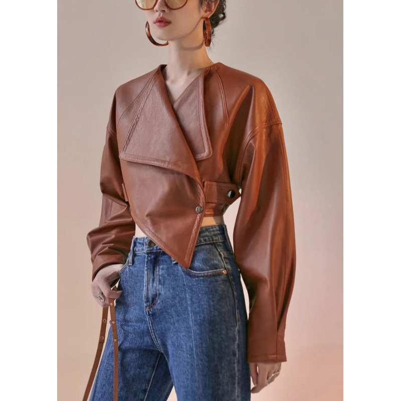 Style Brown Asymmetrical Patchwork Faux Leather Short Coat Spring