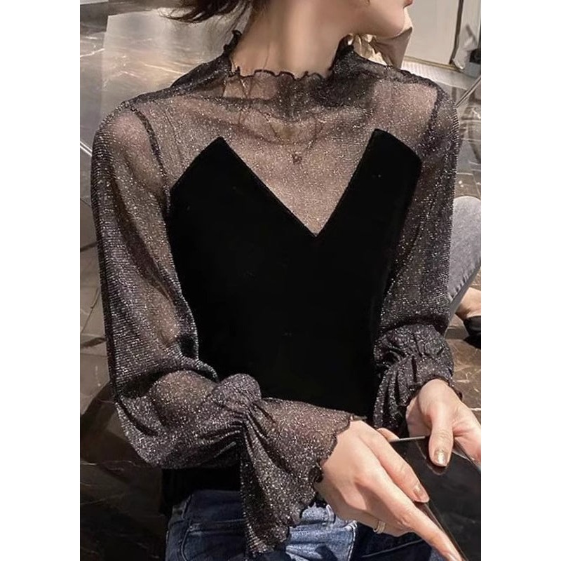 Stylish Black Tulle Patchwork Silk Velour Blouses Flare Sleeve