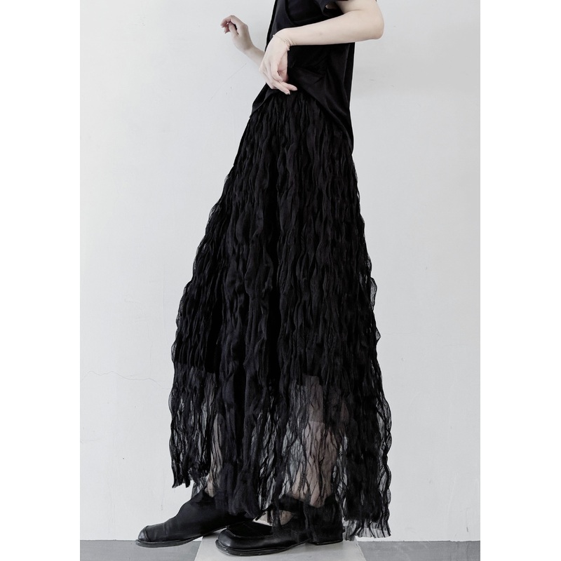 Stylish Black Wrinkled Elastic Waist Tulle Skirt Summer