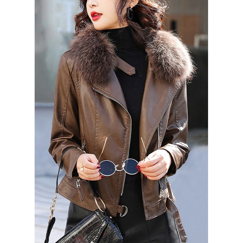 Stylish Coffee Fur Collar Zippered Faux Leather Jacket Winter