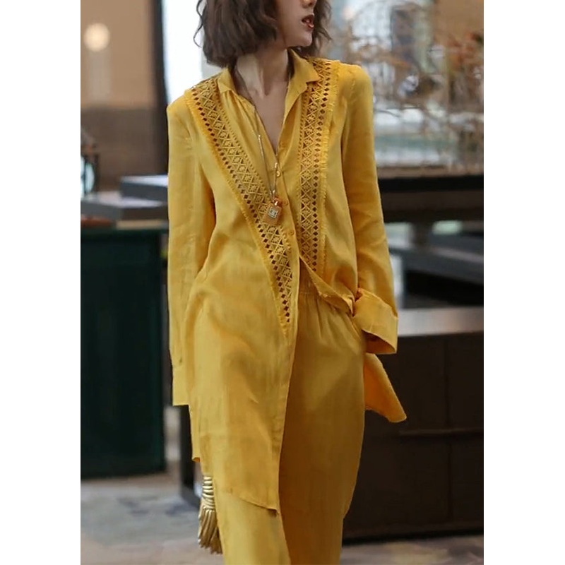 Unique Yellow Hollow Out Linen Women Sets 2 Pieces Spring