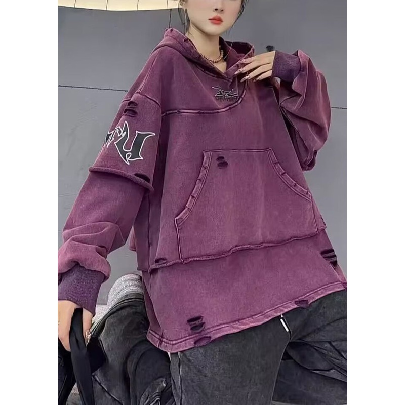 Vintage Purple Hooded Hole Pockets Cotton Sweatshirts Spring