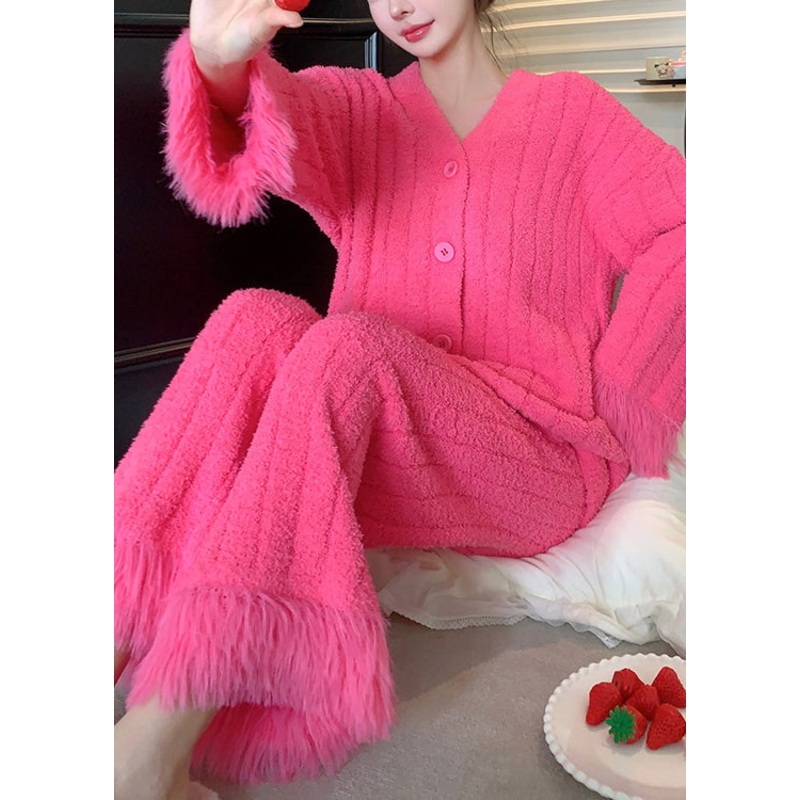 Warm Rose V Neck Button Fluffy Pajamas Two Pieces Set Winter