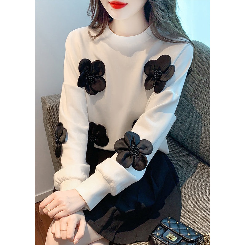 White Nail Bead Loose Cotton Sweatshirts O Neck Spring
