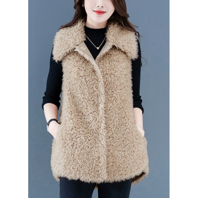 Women Beige Button Pockets Teddy Faux Fur Waistcoat Sleeveless