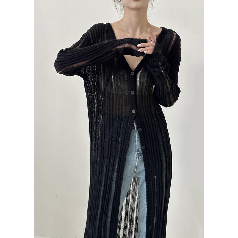 Women Black V Neck Hollow Out Ice Silk Knit Cardigan Spring