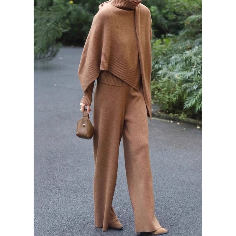 Women Khaki Turtleneck Solid Knit Two Pieces Set Winter