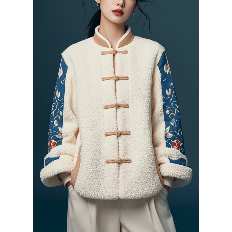 Women White Button Print Patchwork Teddy Faux Fur Coats Winter