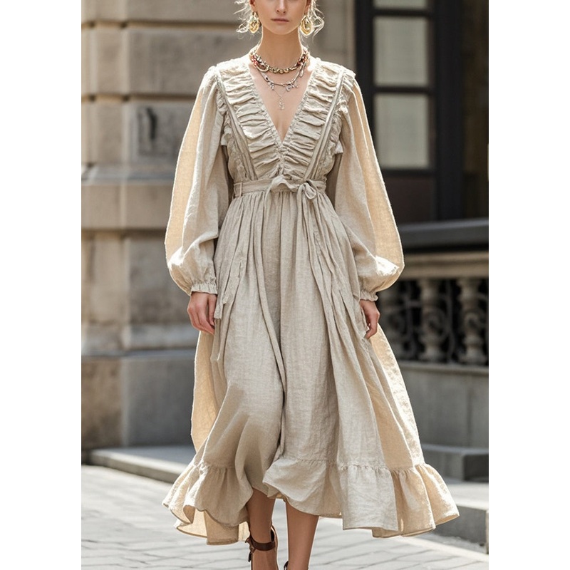 Art Beige Tie Waist Wrinkled Cotton Long Dresses Spring