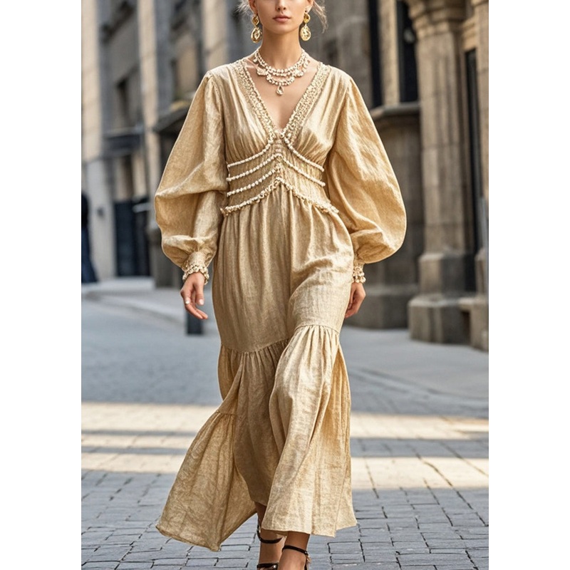 Art Khaki V Neck Nail Bead Cotton Party Dress Spring