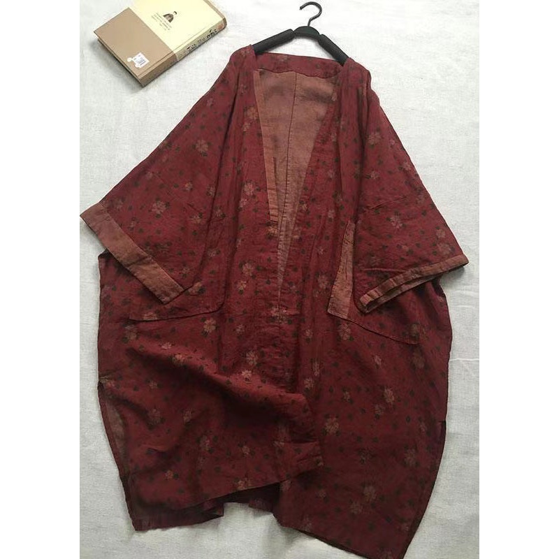Bohemian Red V Neck Print Pockets Linen Cardigans Spring