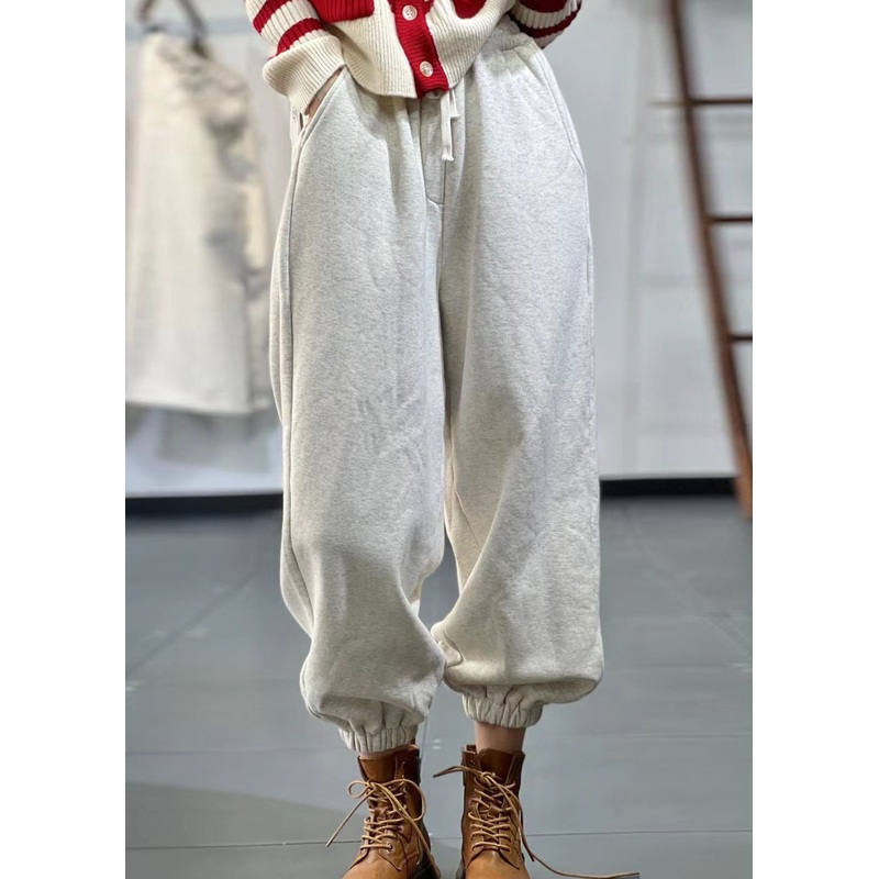 Casual Beige Pockets Elastic Waist Warm Fleece Sport Pants Spring