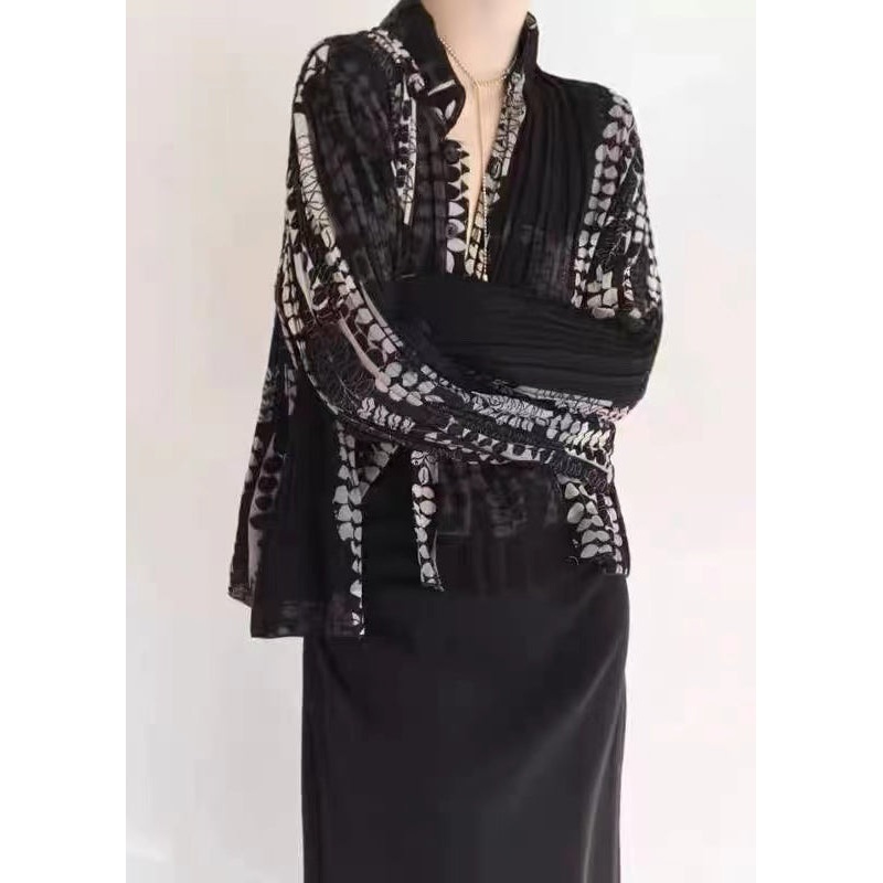 Chic Black Wrinkled Patchwork Tulle Blouse Tops Spring