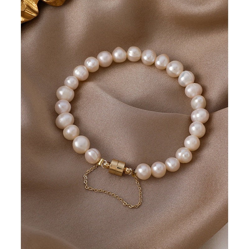 Classy Milky White Stainless Steel Pearl Beads Chain Bracelet