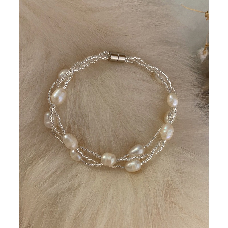 Handmade White Metal Three Layers Pearl Chain Bracelet