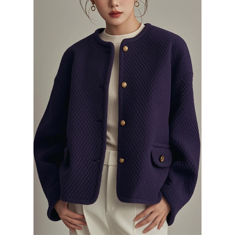 Simple Purple O Neck Button Cotton Coat Winter