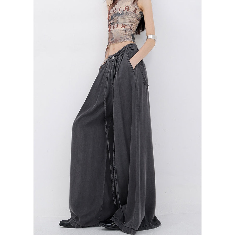 Stylish Grey Pockets Drawstring Denim Wide Leg Pants Summer