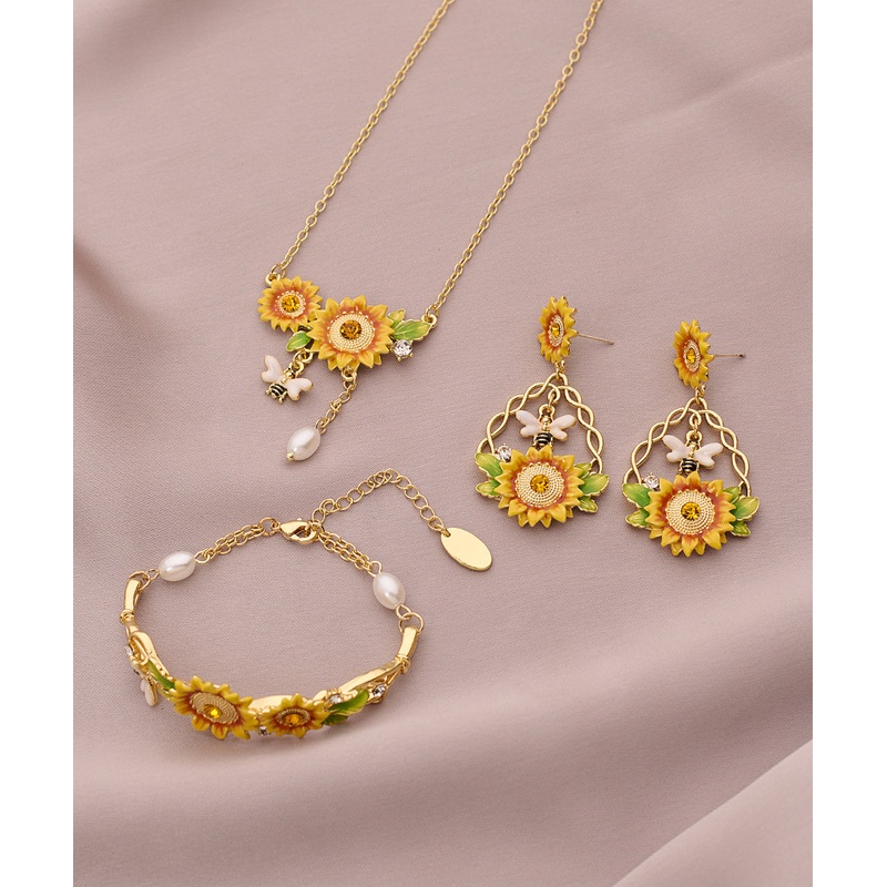 Vintage Gold Zircon Sunflower Pearl Tassel Lariat Necklace Bracelet And Drop Earrings Three Piece Set