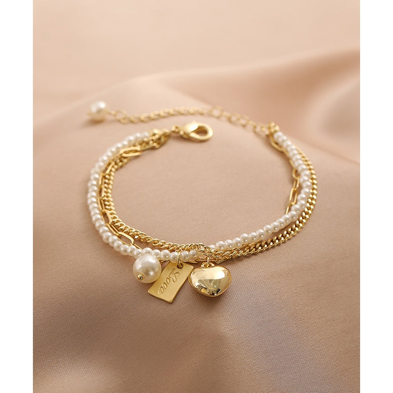 Vogue Gold Metal Alloy Pearl Graphic Love Tassel Charm Bracelet