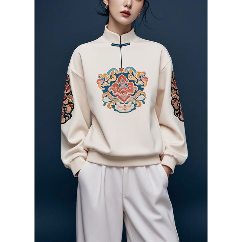 Women Apricot Stand Collar Print Cotton Pullover Sweatshirt Spring