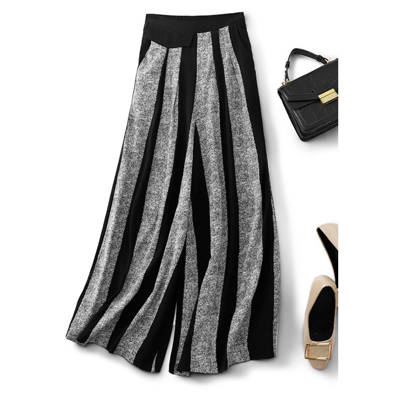 Women Black Striped Patchwork Cotton Wide Leg Pants Spring