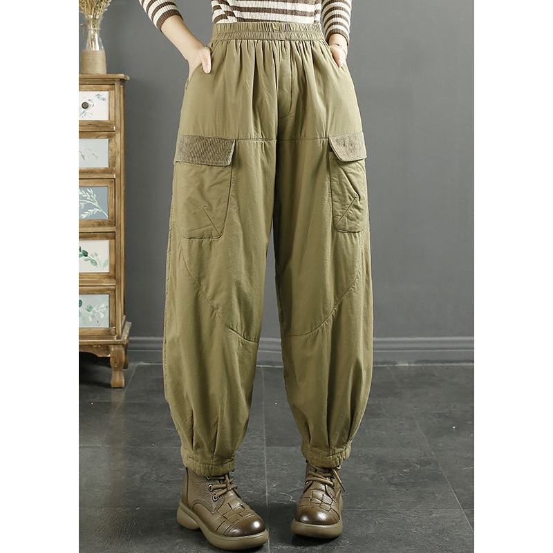 Women Khaki Pockets Elastic Waist Fine Cotton Filled Pants Winter