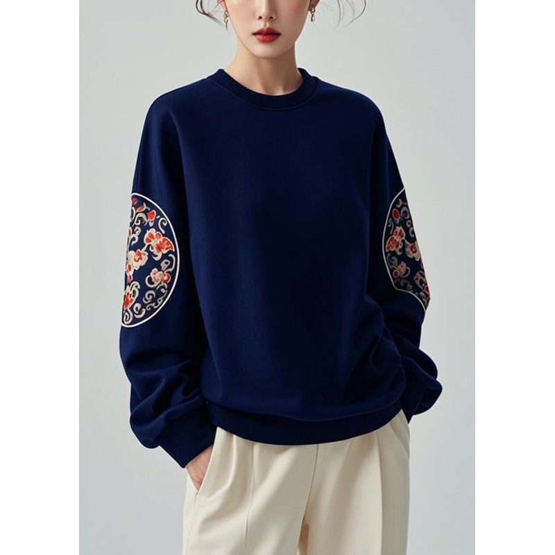 Women Navy O Neck Print Cotton Pullover Sweatshirts Spring