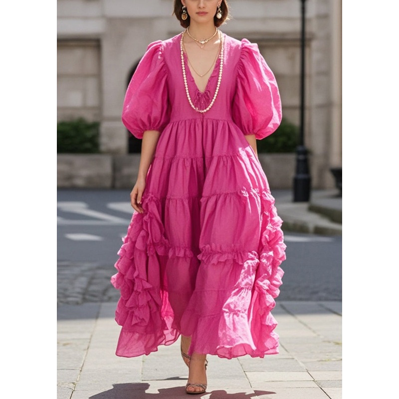 Women Rose Ruffled Exra Large Hem Cotton Dress Puff Sleeve
