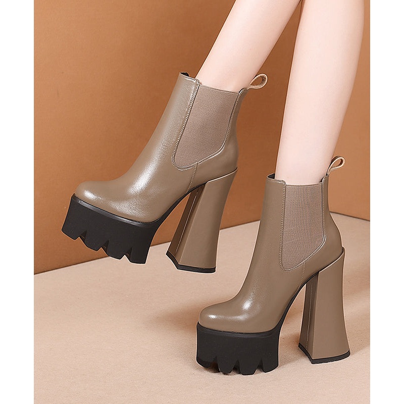 2025 New Khaki Splicing Platform High Heel Boots