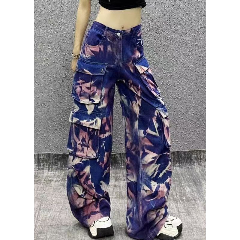 American Style Camouflage Pink Pockets Denim Straight Pants Spring