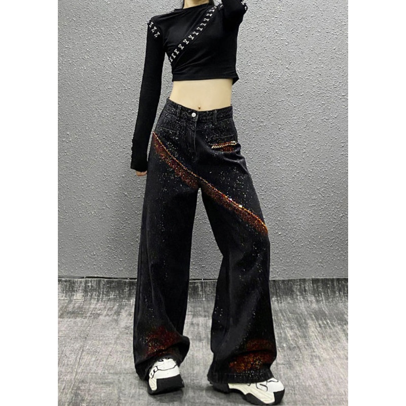 Boutique Black Pockets Nail Bead Denim Wide Leg Pants Spring