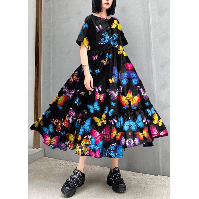 Classy Black Butterfly dots cotton clothes o neck Cinched cotton robes summer Dresses