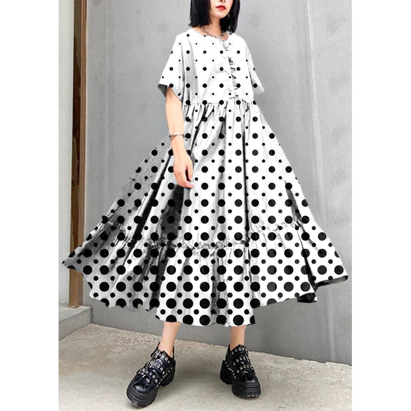 Classy White polka dots cotton clothes o neck Cinched cotton robes summer Dresses