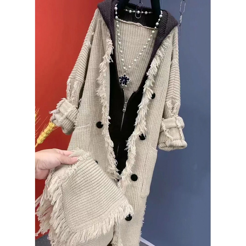 Fashion Beige Tasseled Patchwork Knit Hooded Coat Spring