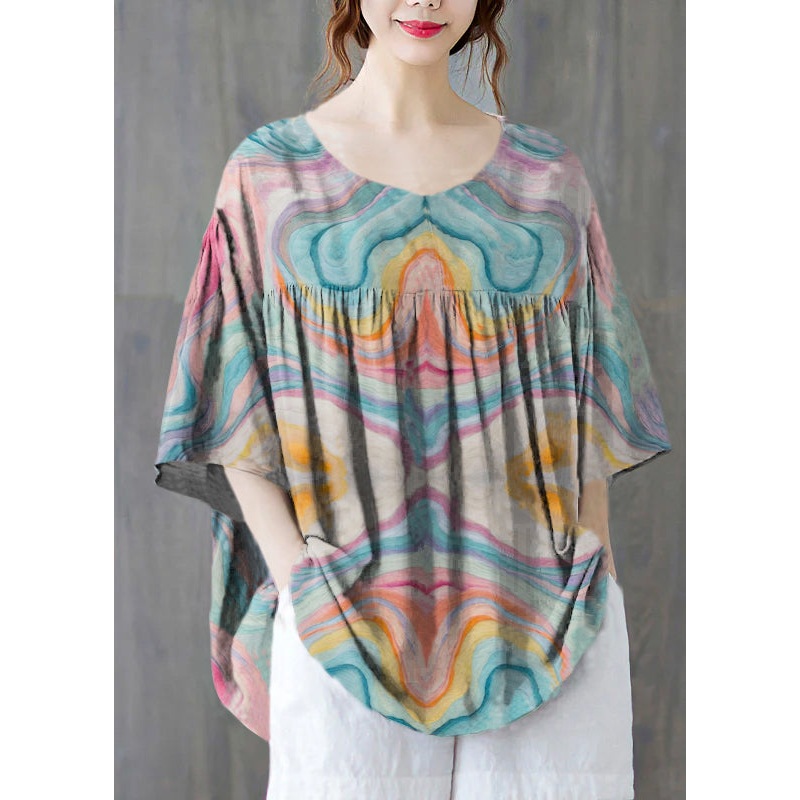 Plus Size Blue texture O-Neck wrinkled Cotton Tank Tops Half Sleeve