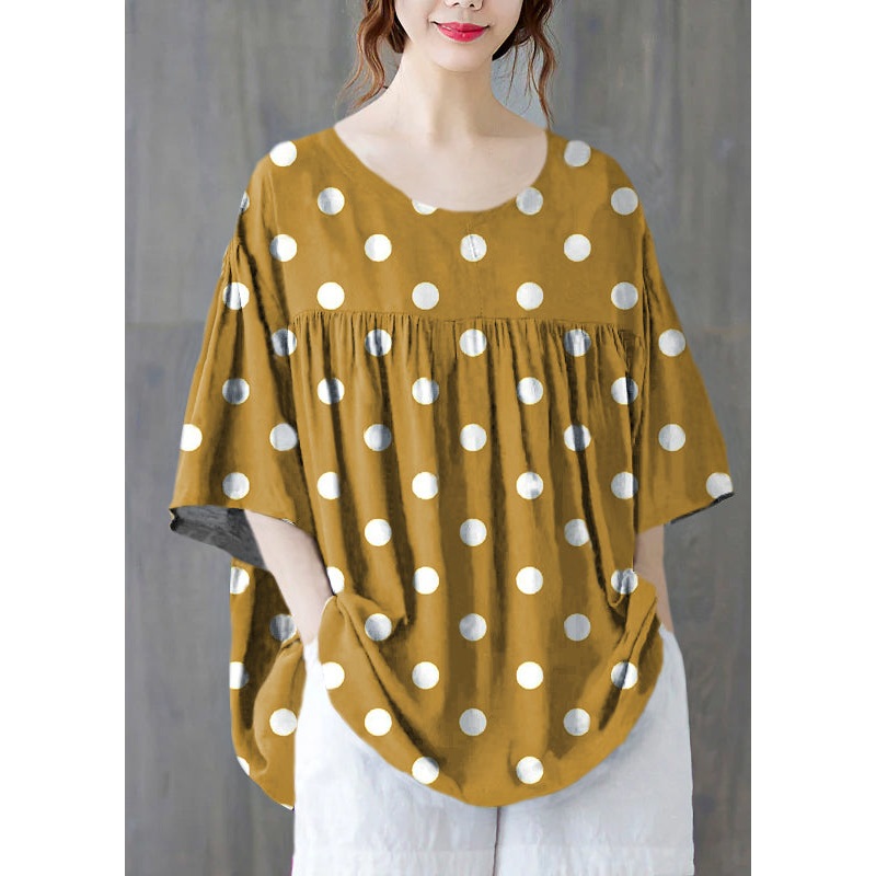 Plus Size Yellow polka dots O-Neck wrinkled Cotton Tank Tops Half Sleeve