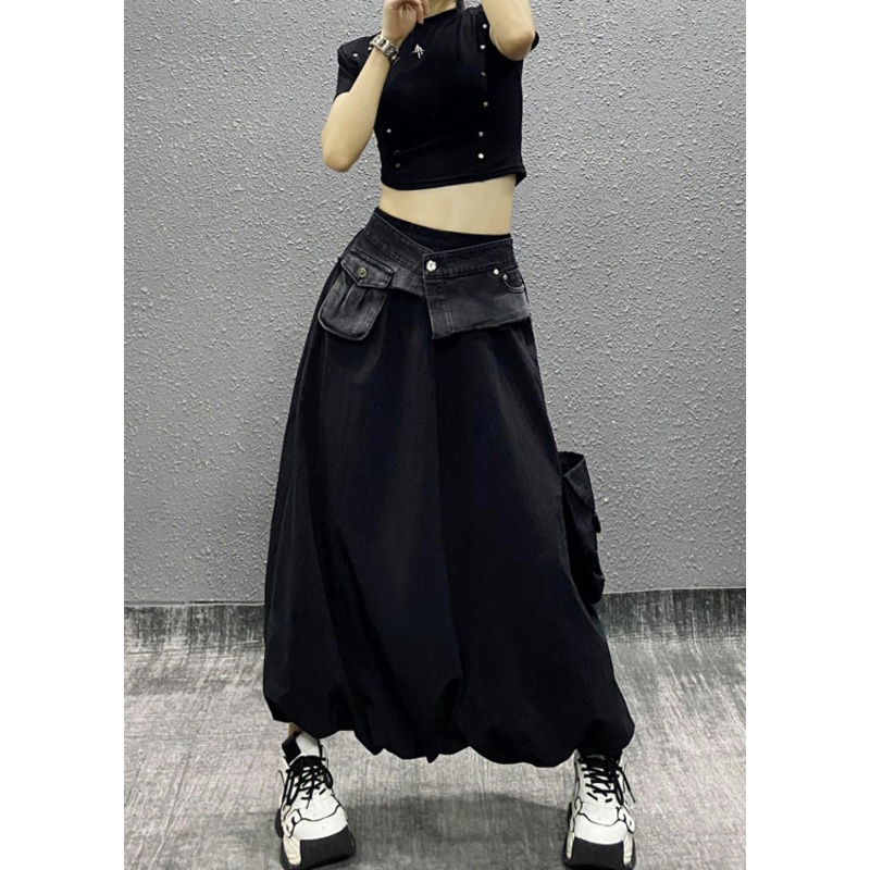 Style Black Pockets Patchwork Cotton Skirts Summer